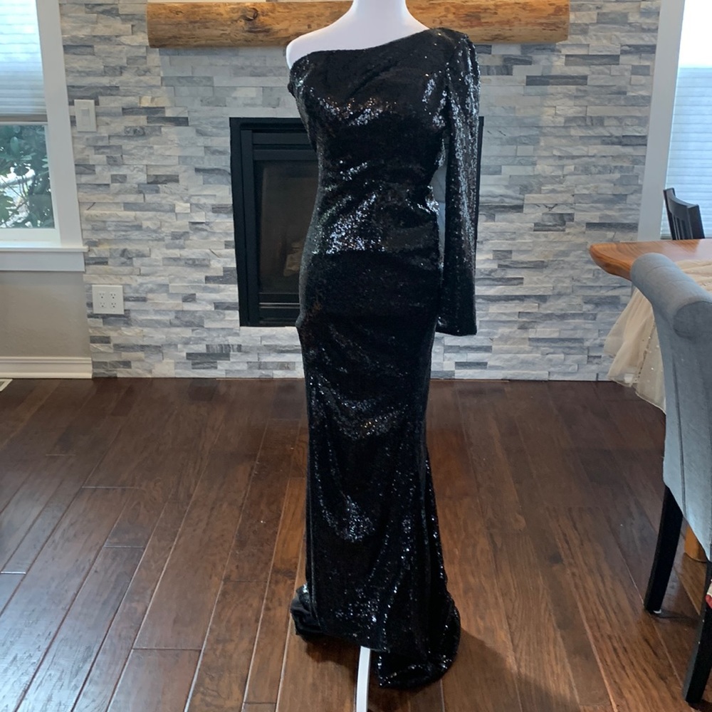 Off the shoulder long sleeve black sequin dress, size 2